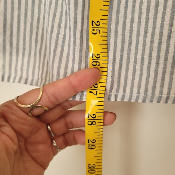 A New Day gray white stripe button up top ruffle short sleeve metallic girly L - Picture 11 of 13